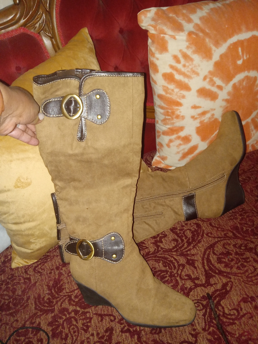 Women's Tan Faux Suede Mid-Calf Wedge Boots with Decorative Buckles